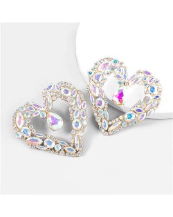 Super Bling Luxury Rhinestone Wholesale Jewelry Bold Fashion Heart Shape Costume Earrings - Luminous White