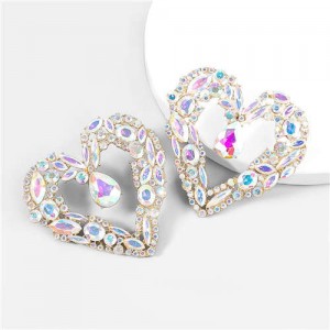 Super Bling Luxury Rhinestone Wholesale Jewelry Bold Fashion Heart Shape Costume Earrings - Luminous White
