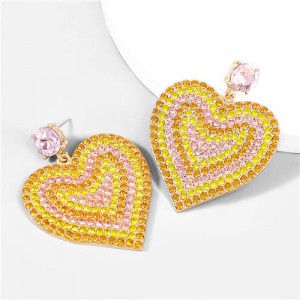 Rhinestone Paved Heart Shape Luxury Bold Fashion Women Wholesale Earrings - Yellow