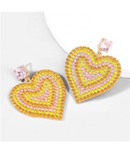 Rhinestone Paved Heart Shape Luxury Bold Fashion Women Wholesale Earrings - Yellow