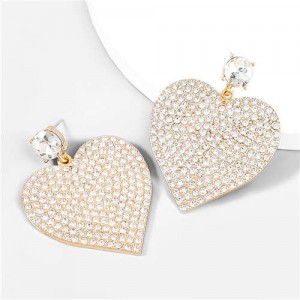 Rhinestone Paved Heart Shape Luxury Bold Fashion Women Wholesale Earrings - White