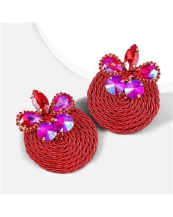 Ethnic Style Elastic Thread Weaved Round Shape Rhinestone Flower Women Wholesale Earrings - Red