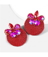 Ethnic Style Elastic Thread Weaved Round Shape Rhinestone Flower Women Wholesale Earrings - Red