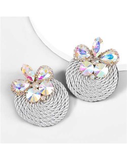 Ethnic Style Elastic Thread Weaved Round Shape Rhinestone Flower Women Wholesale Earrings - Silver