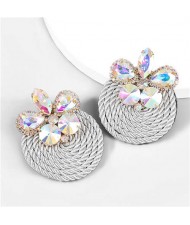 Ethnic Style Elastic Thread Weaved Round Shape Rhinestone Flower Women Wholesale Earrings - Silver