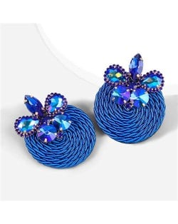 Ethnic Style Elastic Thread Weaved Round Shape Rhinestone Flower Women Wholesale Earrings - Royal Blue