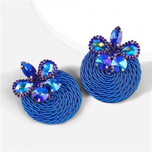Ethnic Style Elastic Thread Weaved Round Shape Rhinestone Flower Women Wholesale Earrings - Royal Blue