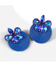 Ethnic Style Elastic Thread Weaved Round Shape Rhinestone Flower Women Wholesale Earrings - Royal Blue