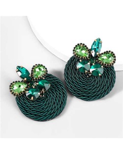 Ethnic Style Elastic Thread Weaved Round Shape Rhinestone Flower Women Wholesale Earrings - Ink Green