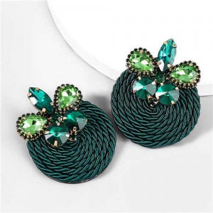 Ethnic Style Elastic Thread Weaved Round Shape Rhinestone Flower Women Wholesale Earrings - Ink Green
