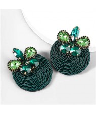 Ethnic Style Elastic Thread Weaved Round Shape Rhinestone Flower Women Wholesale Earrings - Ink Green