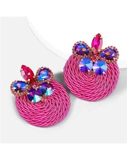 Ethnic Style Elastic Thread Weaved Round Shape Rhinestone Flower Women Wholesale Earrings - Rose