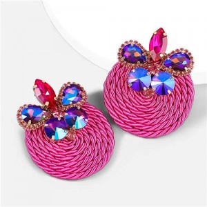 Ethnic Style Elastic Thread Weaved Round Shape Rhinestone Flower Women Wholesale Earrings - Rose