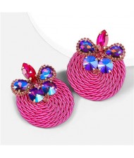 Ethnic Style Elastic Thread Weaved Round Shape Rhinestone Flower Women Wholesale Earrings - Rose
