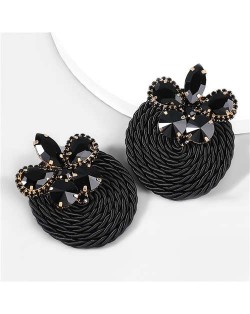 Ethnic Style Elastic Thread Weaved Round Shape Rhinestone Flower Women Wholesale Earrings - Black