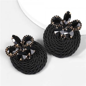 Ethnic Style Elastic Thread Weaved Round Shape Rhinestone Flower Women Wholesale Earrings - Black