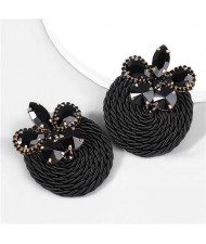 Ethnic Style Elastic Thread Weaved Round Shape Rhinestone Flower Women Wholesale Earrings - Black