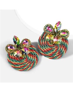 Ethnic Style Elastic Thread Weaved Round Shape Rhinestone Flower Women Wholesale Earrings - Multicolor
