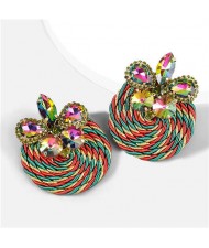 Ethnic Style Elastic Thread Weaved Round Shape Rhinestone Flower Women Wholesale Earrings - Multicolor