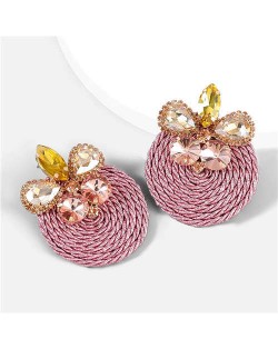 Ethnic Style Elastic Thread Weaved Round Shape Rhinestone Flower Women Wholesale Earrings - Pink