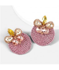 Ethnic Style Elastic Thread Weaved Round Shape Rhinestone Flower Women Wholesale Earrings - Pink