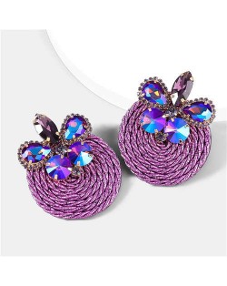 Ethnic Style Elastic Thread Weaved Round Shape Rhinestone Flower Women Wholesale Earrings - Purple
