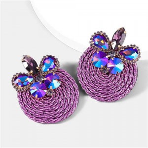 Ethnic Style Elastic Thread Weaved Round Shape Rhinestone Flower Women Wholesale Earrings - Purple