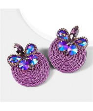 Ethnic Style Elastic Thread Weaved Round Shape Rhinestone Flower Women Wholesale Earrings - Purple