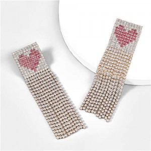Glistening Rhinestone Peach Heart Long Tassel Women Evening Party Costume Earrings - Golden