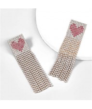 Glistening Rhinestone Peach Heart Long Tassel Women Evening Party Costume Earrings - Golden