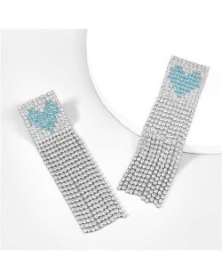Glistening Rhinestone Peach Heart Long Tassel Women Evening Party Costume Earrings - Silver