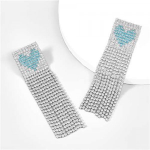 Glistening Rhinestone Peach Heart Long Tassel Women Evening Party Costume Earrings - Silver
