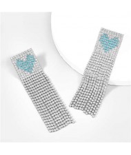 Glistening Rhinestone Peach Heart Long Tassel Women Evening Party Costume Earrings - Silver