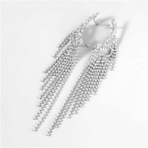 U.S. Fashion Design Long Tassel Rhinestone Women Wholesale Costume Earrings - Silver