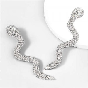 Snake Shape Animal Jewelry Women Bling Fashion Rhinestone Wholesale Earrings - White