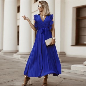 Fashionable Slender Ruffle Sleeve Solid Color Chiffon Pleated Beach Dress - Royal Blue