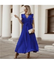 Fashionable Slender Ruffle Sleeve Solid Color Chiffon Pleated Beach Dress - Royal Blue