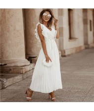 Fashionable Slender Ruffle Sleeve Solid Color Chiffon Pleated Beach Dress - White