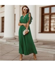 Fashionable Slender Ruffle Sleeve Solid Color Chiffon Pleated Beach Dress - Green