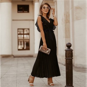 Fashionable Slender Ruffle Sleeve Solid Color Chiffon Pleated Beach Dress - Black