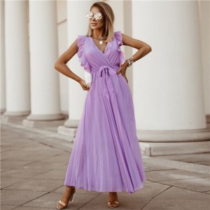 Fashionable Slender Ruffle Sleeve Solid Color Chiffon Pleated Beach Dress - Violet