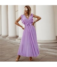 Fashionable Slender Ruffle Sleeve Solid Color Chiffon Pleated Beach Dress - Violet