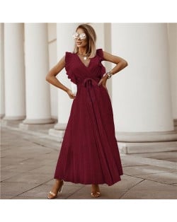 Fashionable Slender Ruffle Sleeve Solid Color Chiffon Pleated Beach Dress - Black