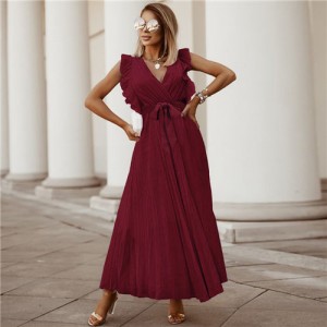 Fashionable Slender Ruffle Sleeve Solid Color Chiffon Pleated Beach Dress - Red Wine