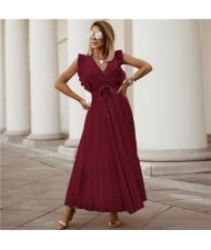 Fashionable Slender Ruffle Sleeve Solid Color Chiffon Pleated Beach Dress - Red Wine