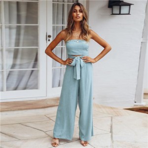 Summer Casual European and U.S. Fashion Open Back Straight Jumpsuit - Blue
