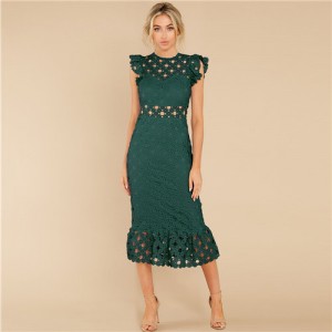 European and U.S. Fashion Hollow Lace Romantic Design French Elegant Dress - Ink Green
