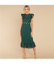 European and U.S. Fashion Hollow Lace Romantic Design French Elegant Dress - Ink Green