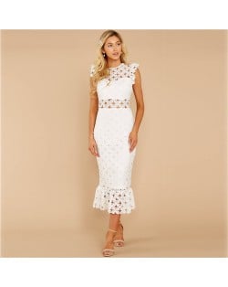 European and U.S. Fashion Hollow Lace Romantic Design French Elegant Dress - Ink Green