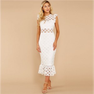 European and U.S. Fashion Hollow Lace Romantic Design French Elegant Dress - White
